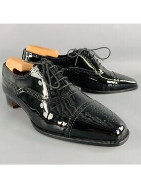 MANOLO BLAHNIK Size 10.5 Black Perforated Patent Leather Cap Toe Shoes